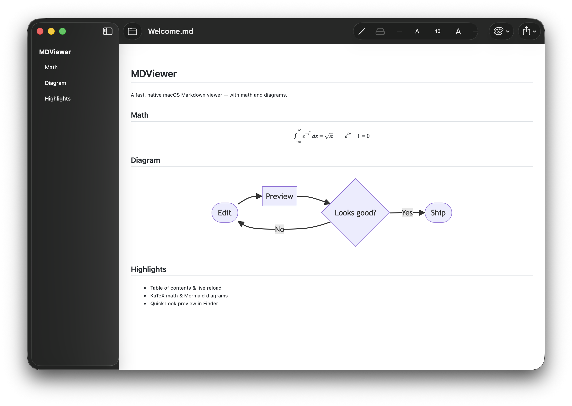 MDViewer showing KaTeX math equations and a Mermaid diagram with TOC sidebar